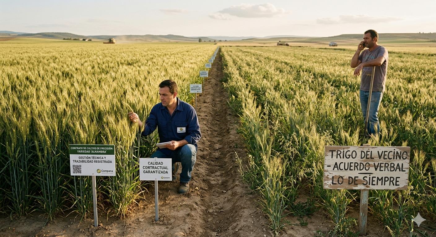 Agronomistas en campo de trigo con señalización contractual