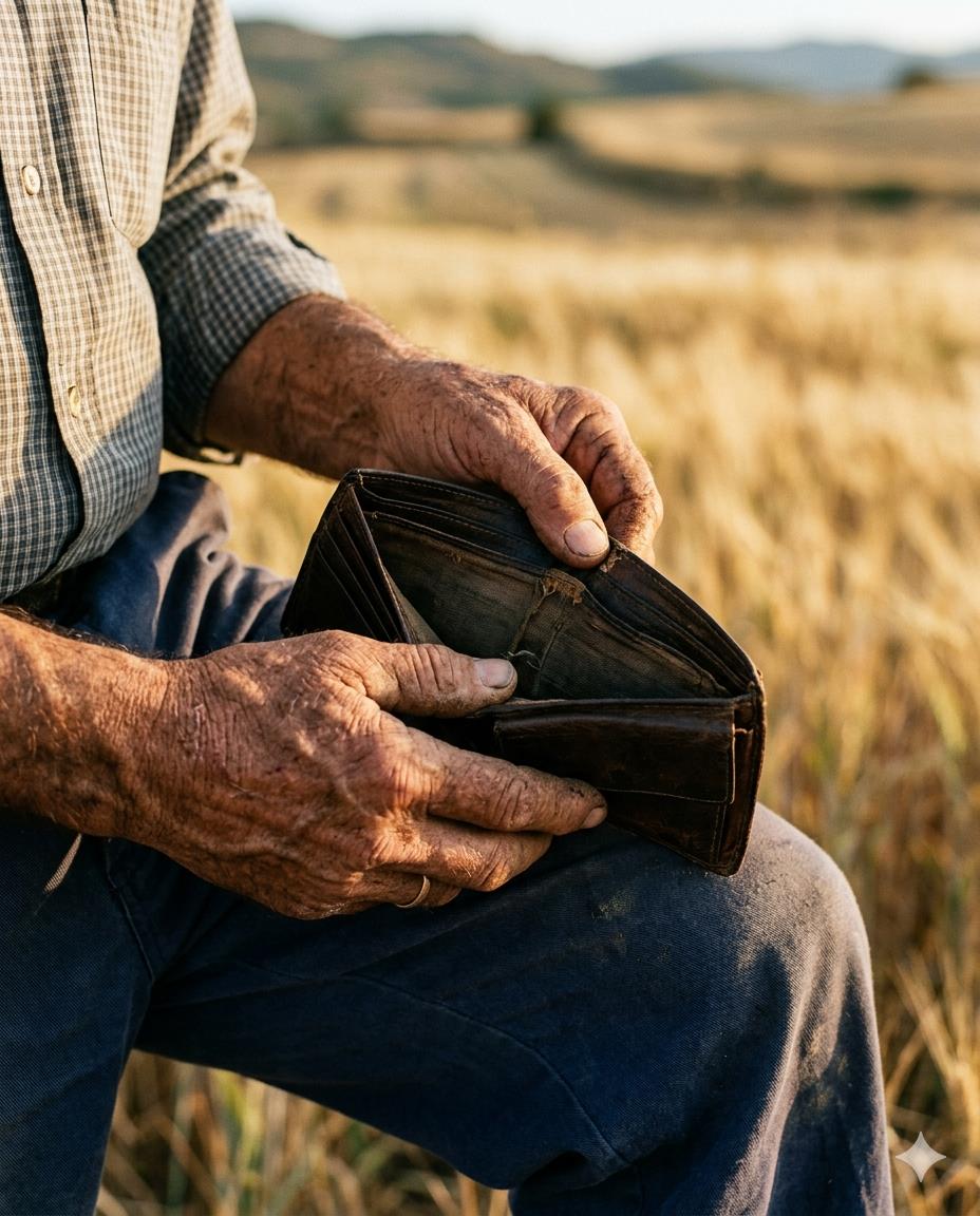 Manos sobre cartera vacía en campo de cereal al atardecer — la mina de oro contando las monedas de la PAC