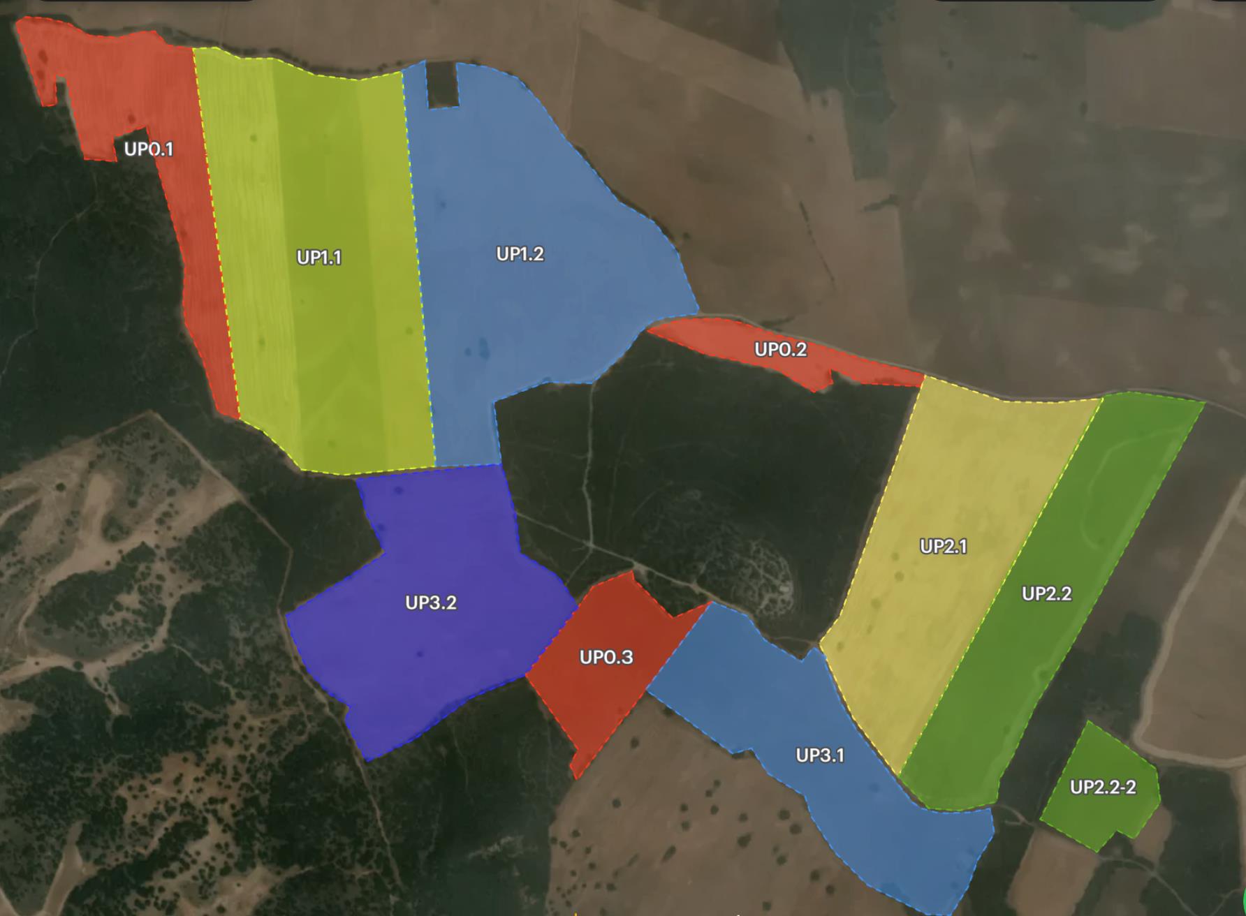 Unidades productivas sobre Finca Sotoblanco — UP0, UP1, UP2, UP3 superpuestas en imagen satélite